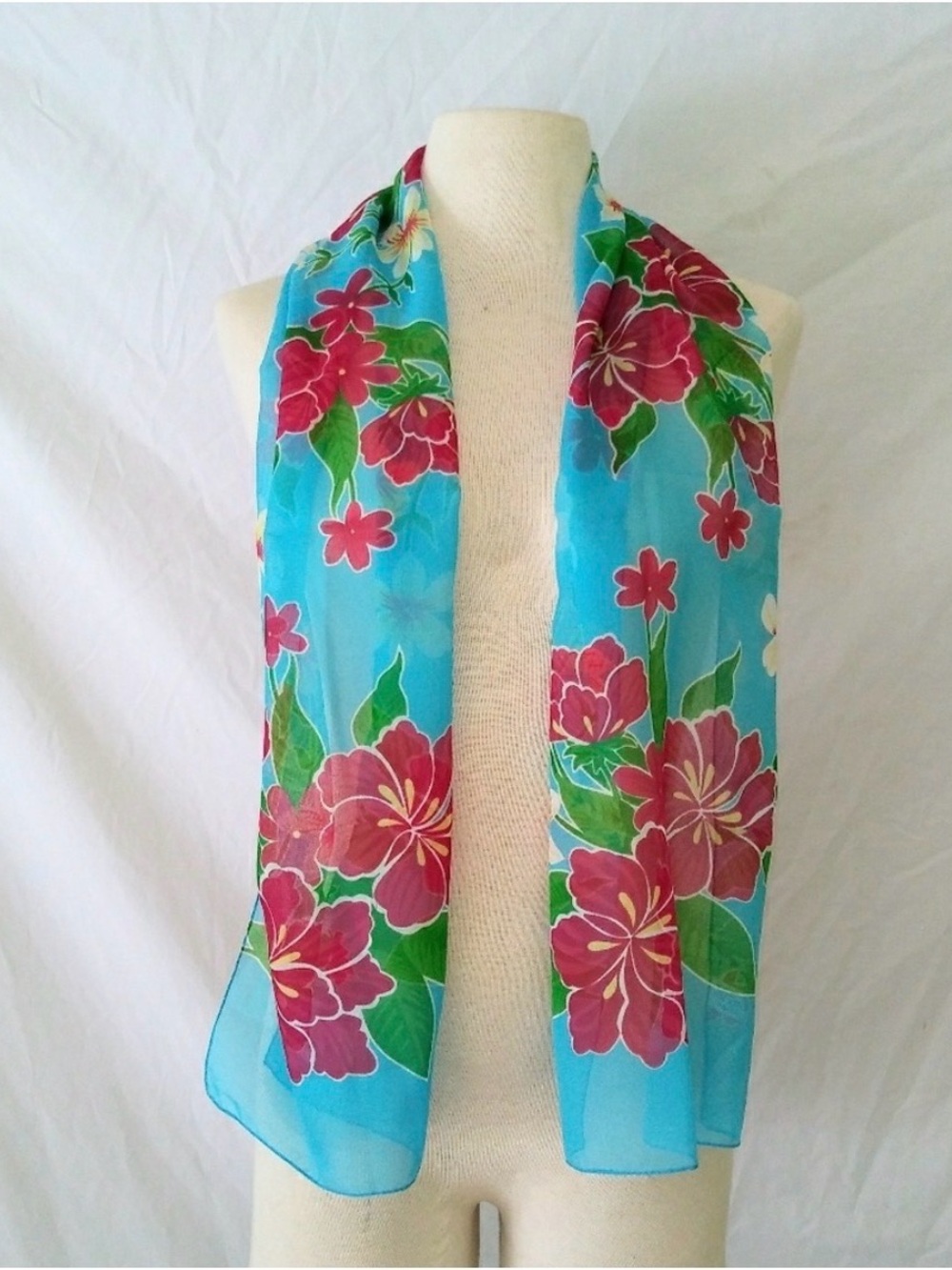 Italian Made 100% Polyester Hibiscus Floral Scarf 60”x13” Turquoise
